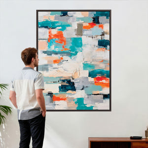 Blue Teal Abstract Canvas Wall Art, Modern Textured Painting Print, Navy Orange White Contemporary Art, Neutral Living Room Decor, Office Art