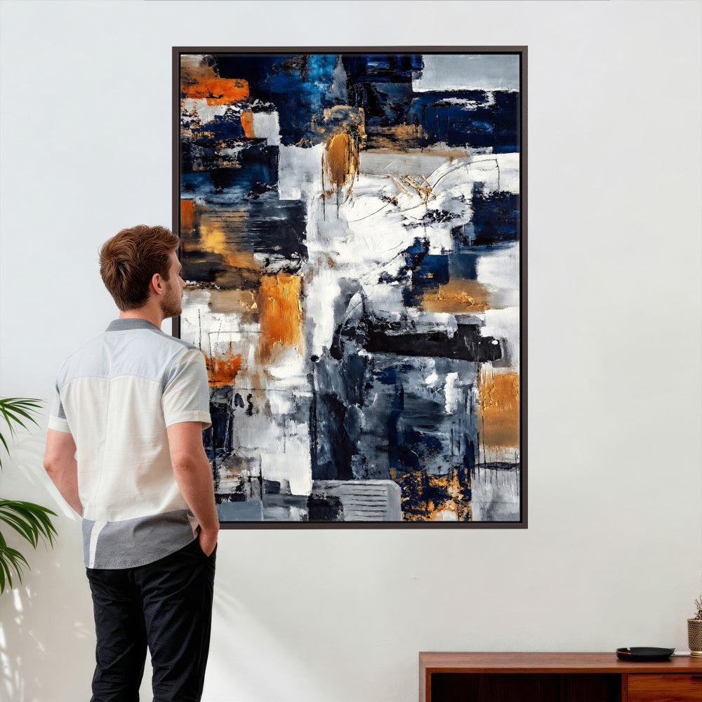 Blue Teal Abstract Canvas Wall Art, Modern Textured Painting Print, Navy Orange White Contemporary Art, Neutral Living Room Decor, Office Art