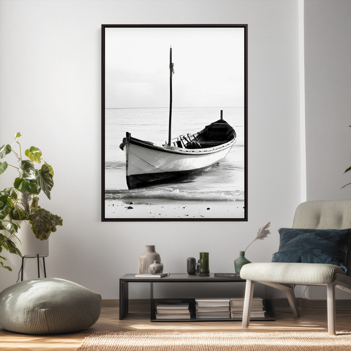 Minimal Boat Wall Art Canvas Print – Black and White Coastal