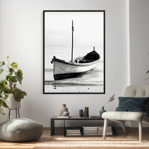 Minimal Boat Wall Art Canvas Print – Black and White Coastal