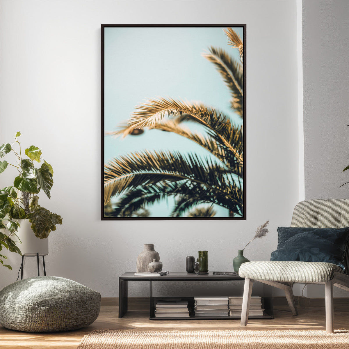 Palm Leaves Wall Art Canvas Print, Minimal Tropical Palm