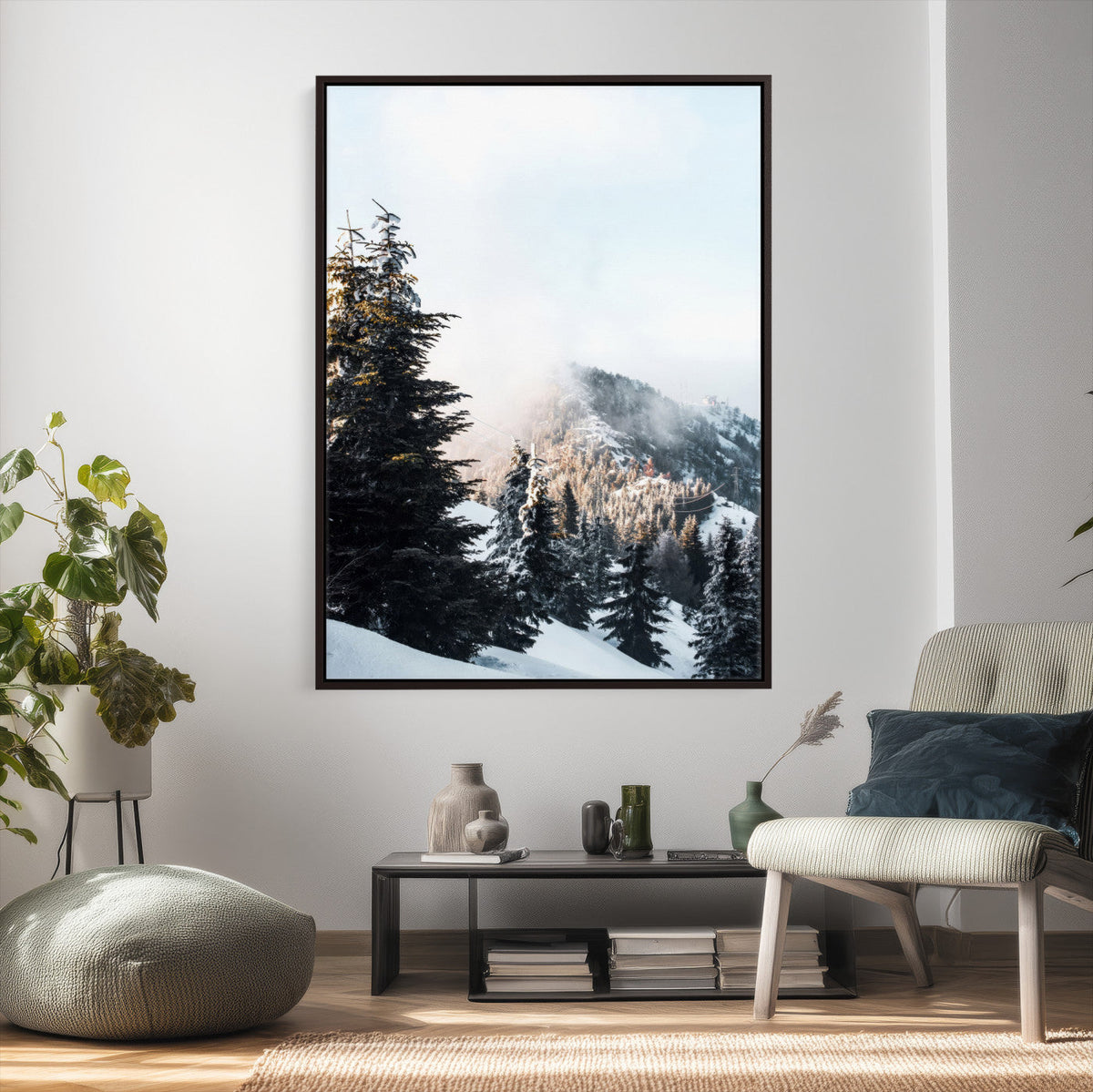 Snowy Mountain Forest Wall Art Canvas Print, Winter Pine
