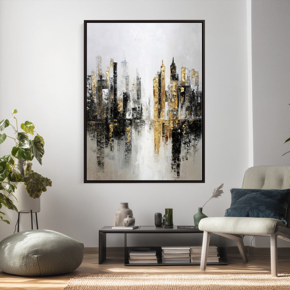 Abstract New York Wall Art Canvas Print, Gold Black Modern