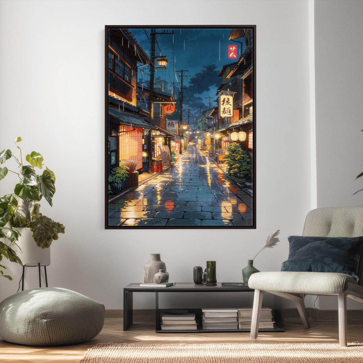 Tokyo Tea House Canvas Wall Art — Japan Rainy Night Street