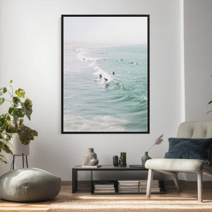 Surfers on Waves Canvas Wall Art, Aerial Ocean Photography