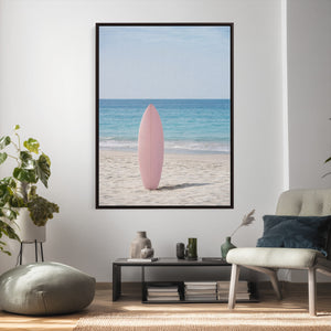 Pink Surfboard Canvas Wall Art, Minimalist Beach Photography