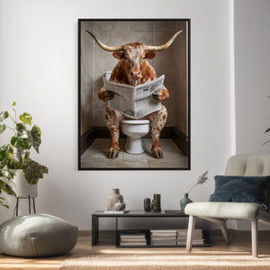 Funny Bathroom Canvas Wall Art, Texas Longhorn on Toilet