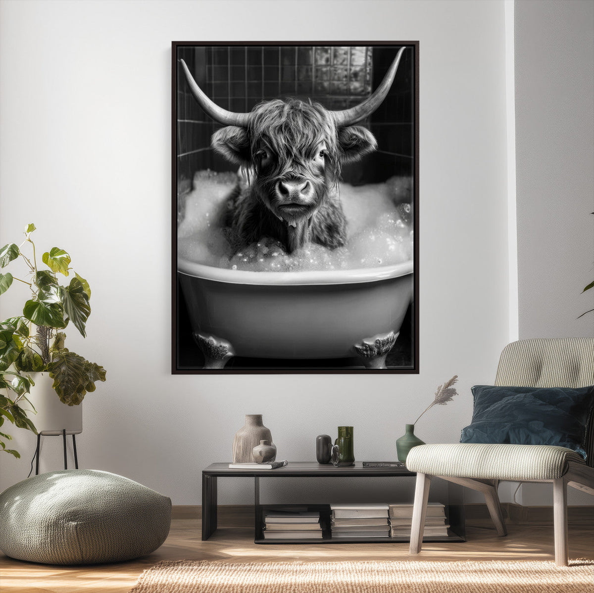 Highland Cow Bathtub Canvas Wall Art, Funny Bathroom Print