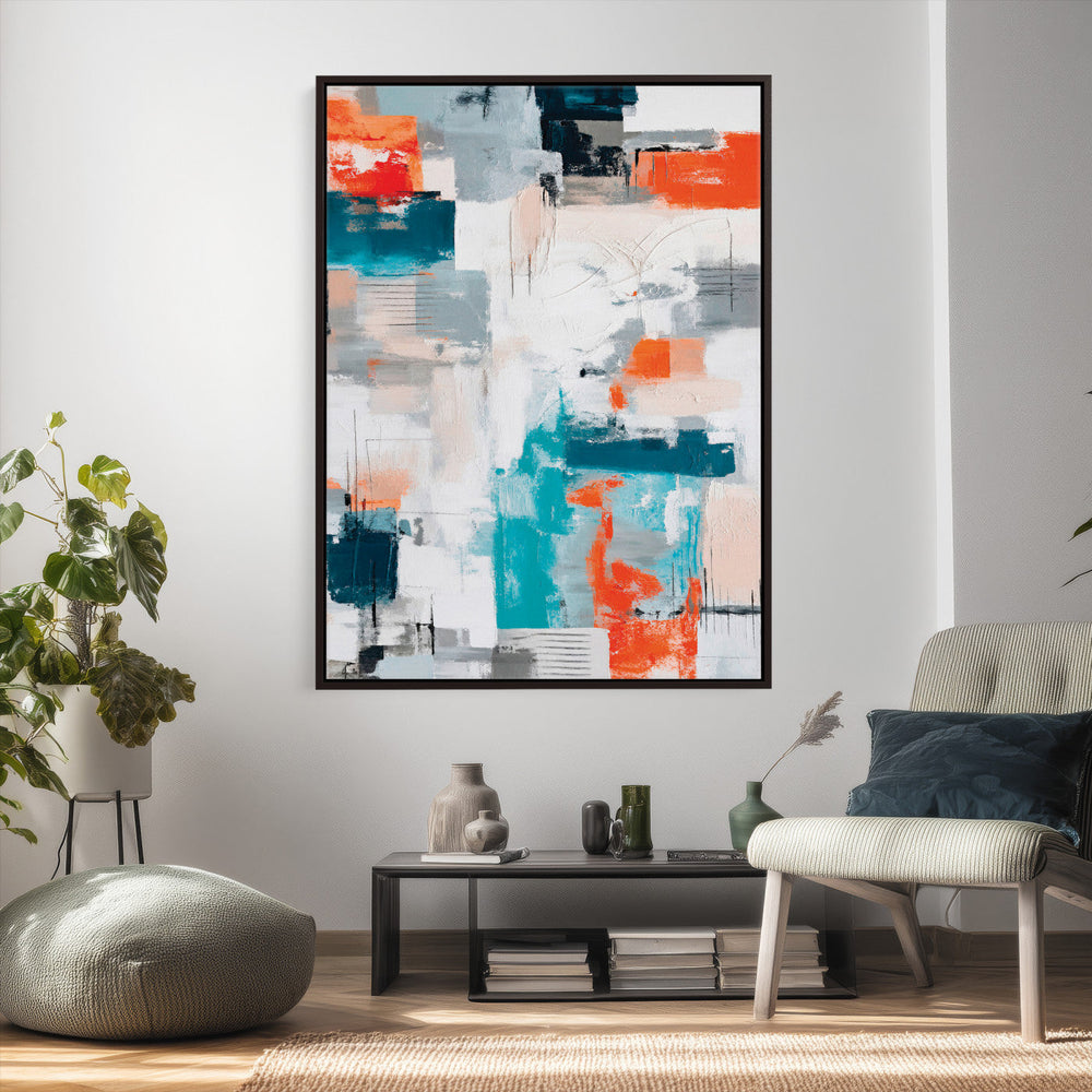 Blue Teal Abstract Canvas Wall Art, Modern Textured Painting Print, Navy Orange White Contemporary Art, Neutral Living Room Decor, Office Art