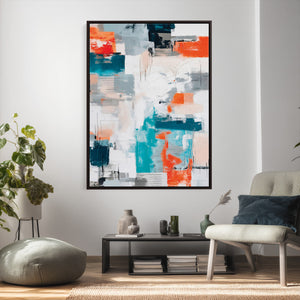 Blue Teal Abstract Canvas Wall Art, Modern Textured Painting Print, Navy Orange White Contemporary Art, Neutral Living Room Decor, Office Art