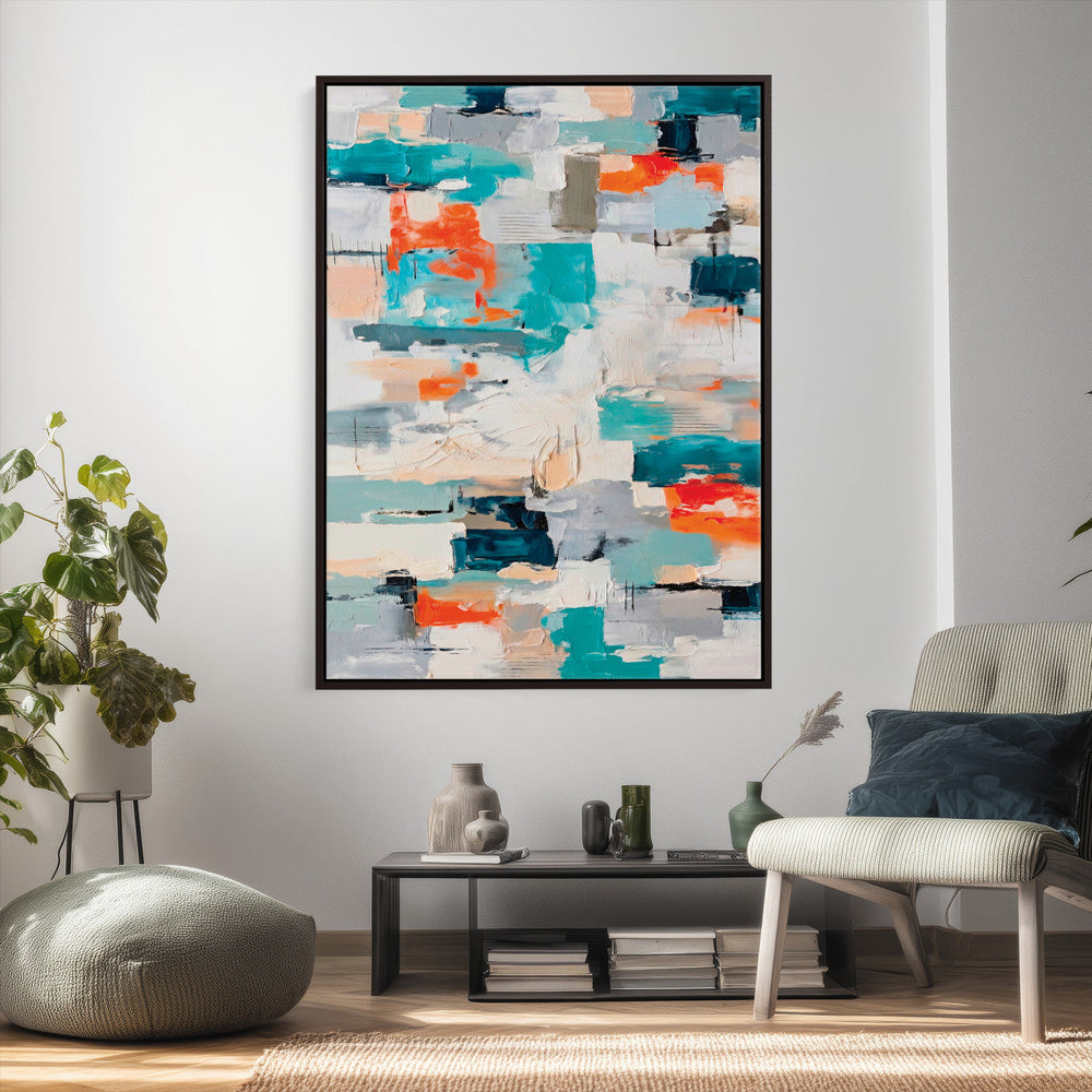 Blue Teal Abstract Canvas Wall Art, Modern Textured Painting Print, Navy Orange White Contemporary Art, Neutral Living Room Decor, Office Art