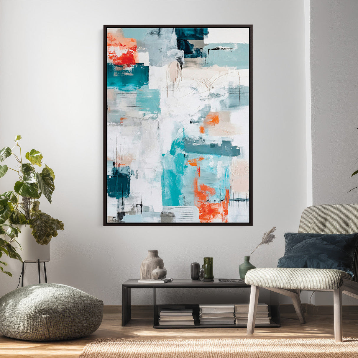 Blue Teal Abstract Canvas Wall Art, Modern Textured Painting Print, Navy Orange White Contemporary Art, Neutral Living Room Decor, Office Art