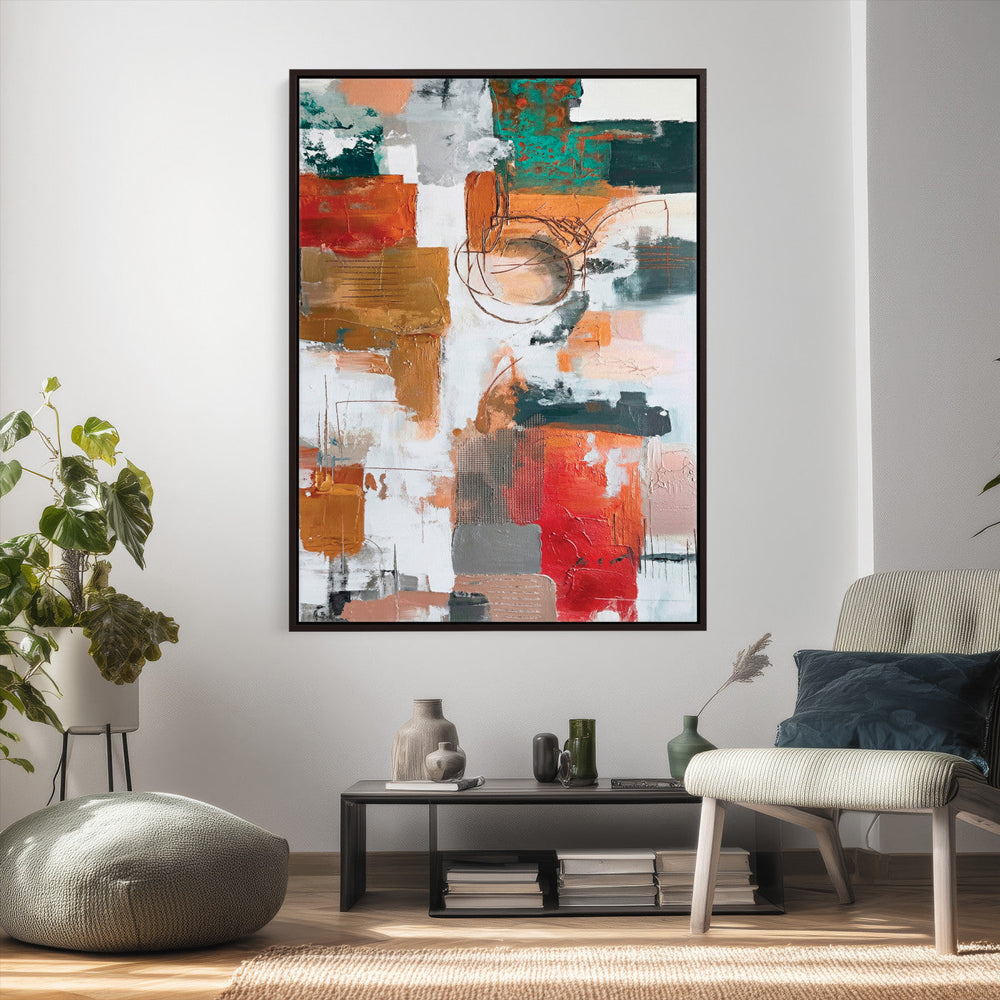 Blue Teal Abstract Canvas Wall Art, Modern Textured Painting Print, Navy Orange White Contemporary Art, Neutral Living Room Decor, Office Art