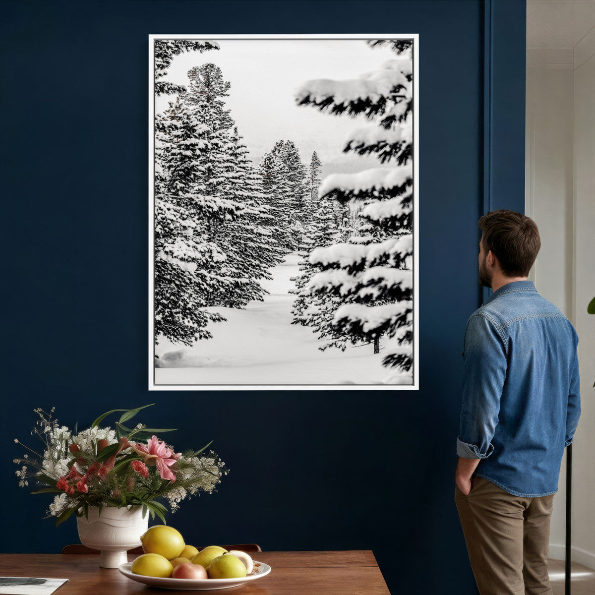 Winter Pine Forest Wall Art Canvas Print, Minimal Winter