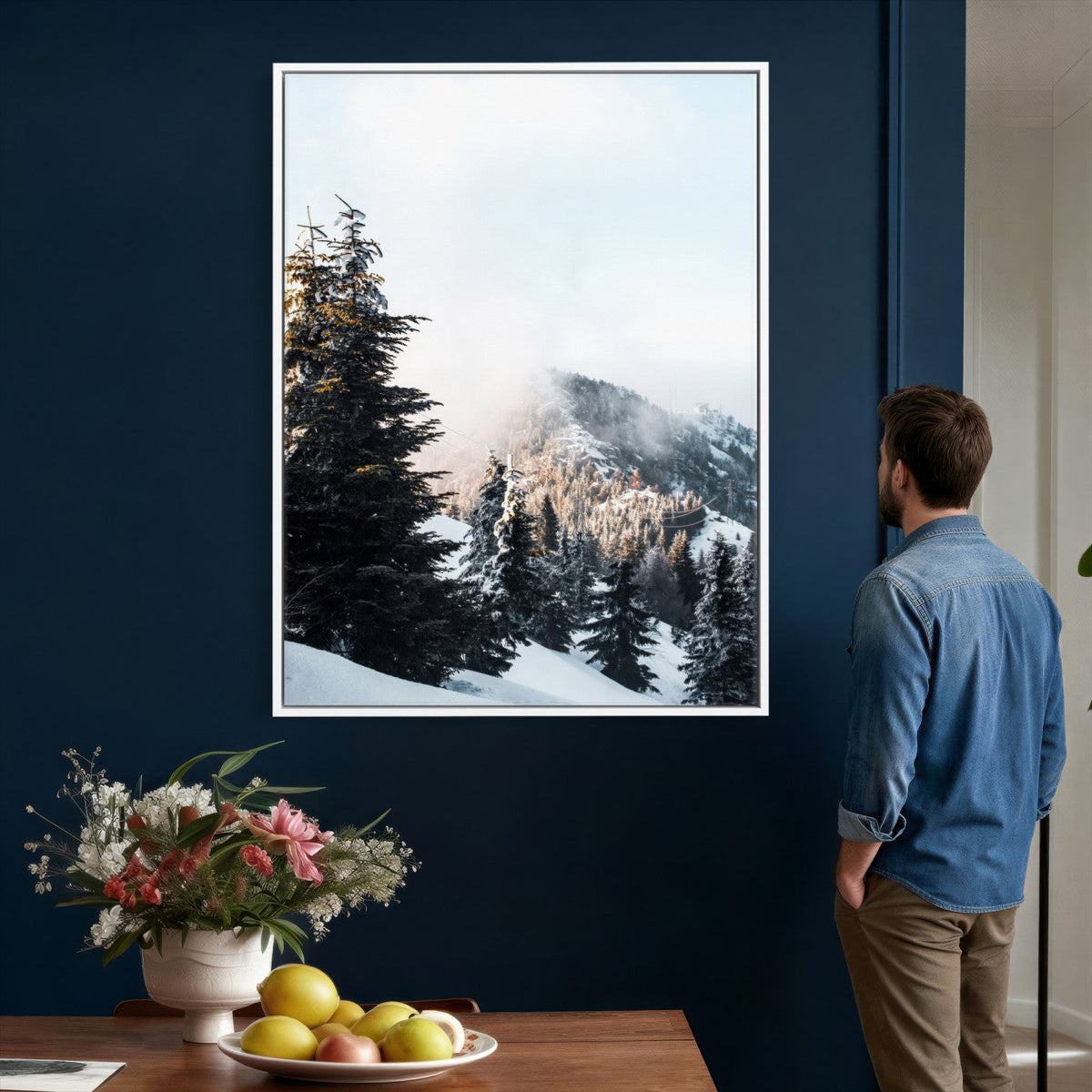 Snowy Mountain Forest Wall Art Canvas Print, Winter Pine