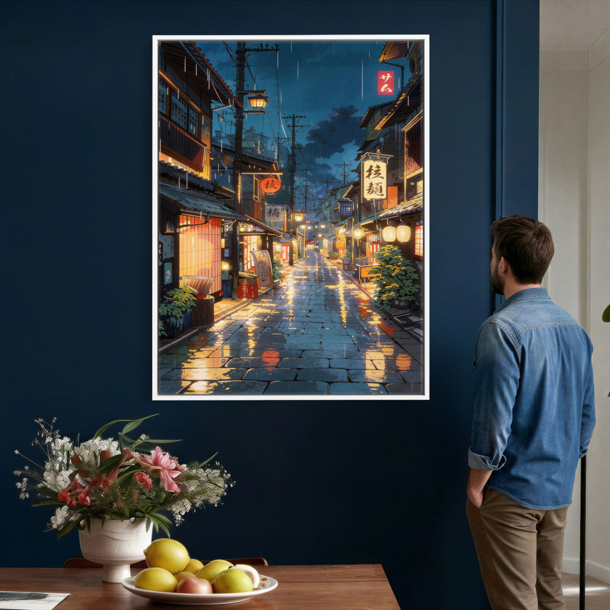Tokyo Tea House Canvas Wall Art — Japan Rainy Night Street