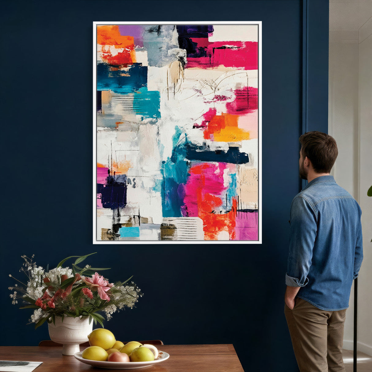 Blue Teal Abstract Canvas Wall Art, Modern Textured Painting Print, Navy Orange White Contemporary Art, Neutral Living Room Decor, Office Art