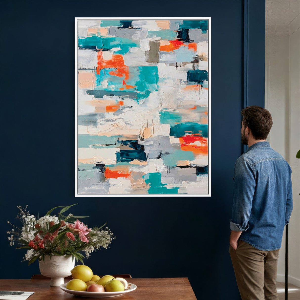 Blue Teal Abstract Canvas Wall Art, Modern Textured Painting Print, Navy Orange White Contemporary Art, Neutral Living Room Decor, Office Art