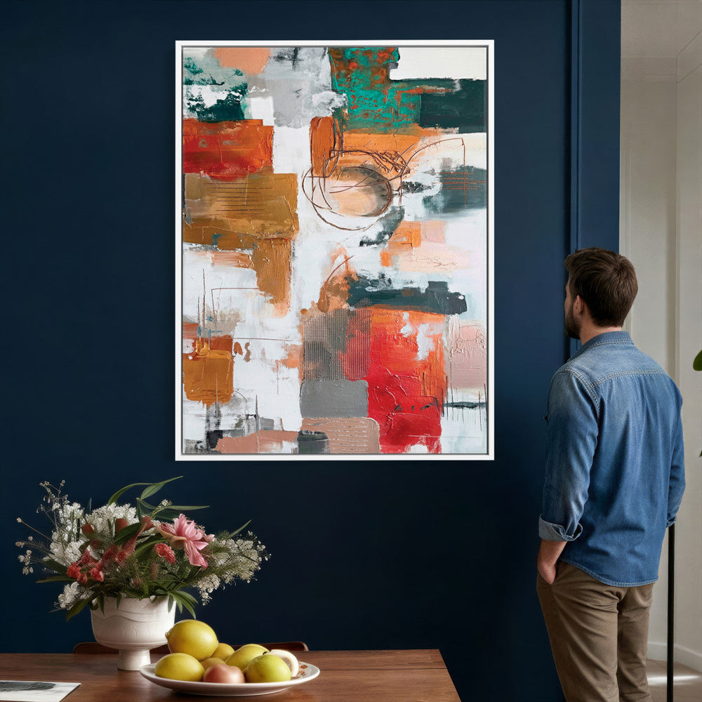 Blue Teal Abstract Canvas Wall Art, Modern Textured Painting Print, Navy Orange White Contemporary Art, Neutral Living Room Decor, Office Art