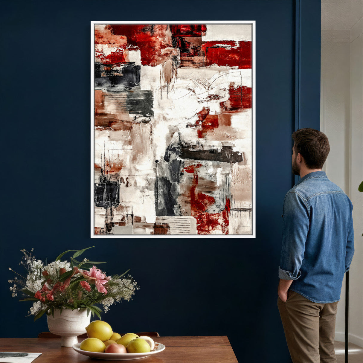 Blue Teal Abstract Canvas Wall Art, Modern Textured Painting Print, Navy Orange White Contemporary Art, Neutral Living Room Decor, Office Art