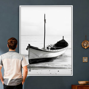Minimal Boat Wall Art Canvas Print – Black and White Coastal