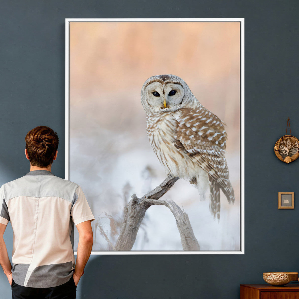 Barred Owl Wall Art Canvas Print – Soft Neutral Wildlife