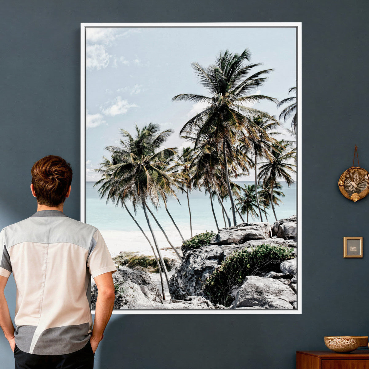 Tropical Trees Beach Wall Art Canvas Print, Coastal Ocean