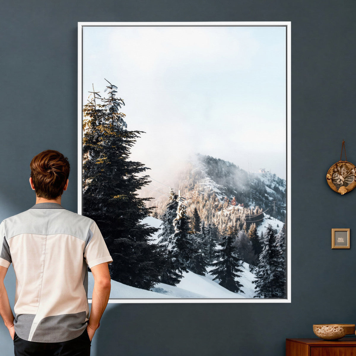 Snowy Mountain Forest Wall Art Canvas Print, Winter Pine