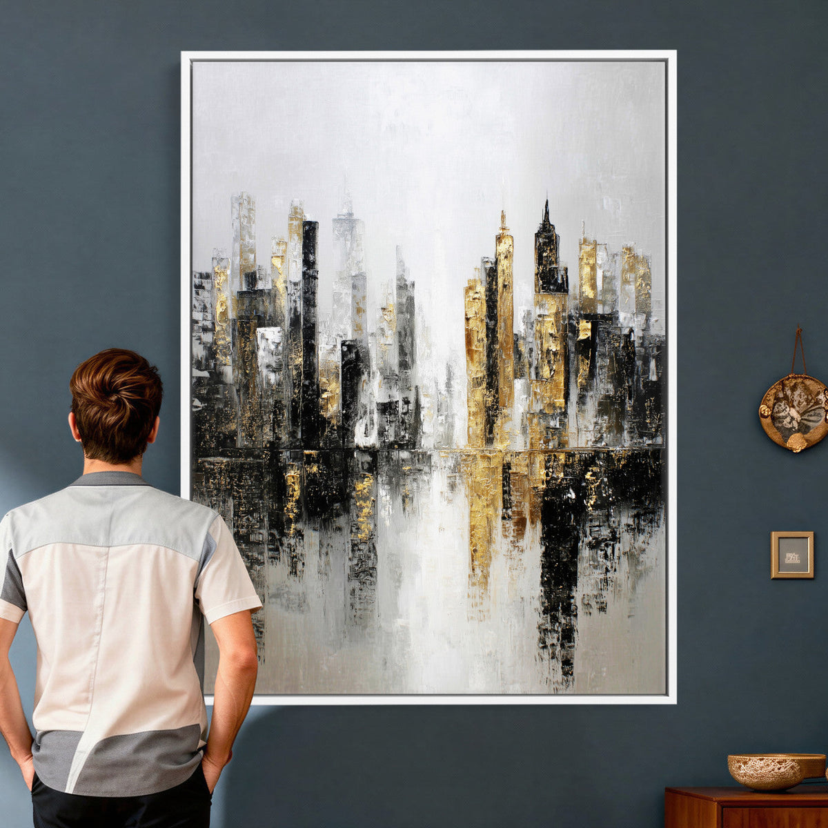Abstract New York Wall Art Canvas Print, Gold Black Modern