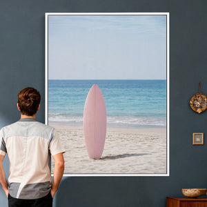Pink Surfboard Canvas Wall Art, Minimalist Beach Photography