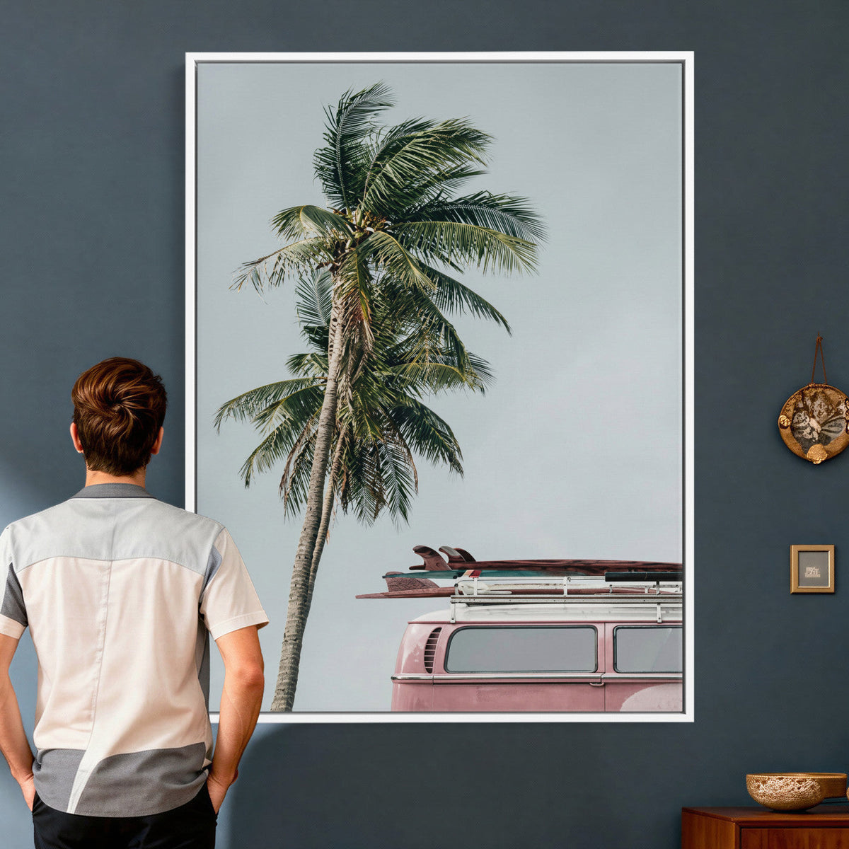 VW Van Palm Tree Canvas Wall Art, Pink Camper Surfboards