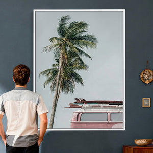 VW Van Palm Tree Canvas Wall Art, Pink Camper Surfboards