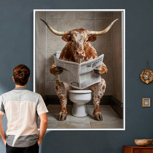 Funny Bathroom Canvas Wall Art, Texas Longhorn on Toilet