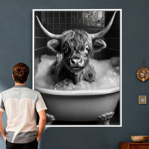 Highland Cow Bathtub Canvas Wall Art, Funny Bathroom Print