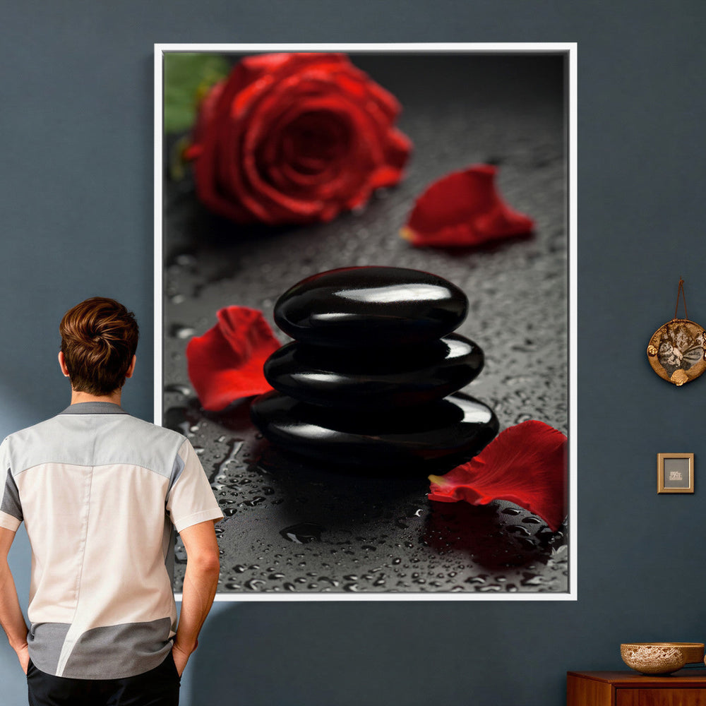 Black Lava Stone Rose Canvas | Red Rose Spa Photography