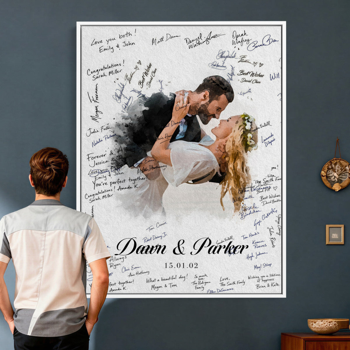 Wedding Guest Book Alternative Wall Art Canvas Print, Personalized Wedding Signature Poster, Custom Couple Photo Guestbook Canvas, Bridal Shower Reception Decor
