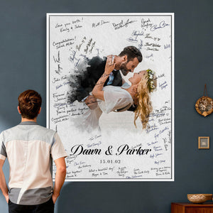 Wedding Guest Book Alternative Wall Art Canvas Print, Personalized Wedding Signature Poster, Custom Couple Photo Guestbook Canvas, Bridal Shower Reception Decor