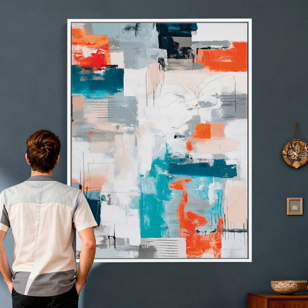Blue Teal Abstract Canvas Wall Art, Modern Textured Painting Print, Navy Orange White Contemporary Art, Neutral Living Room Decor, Office Art