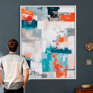 Blue Teal Abstract Canvas Wall Art, Modern Textured Painting Print, Navy Orange White Contemporary Art, Neutral Living Room Decor, Office Art