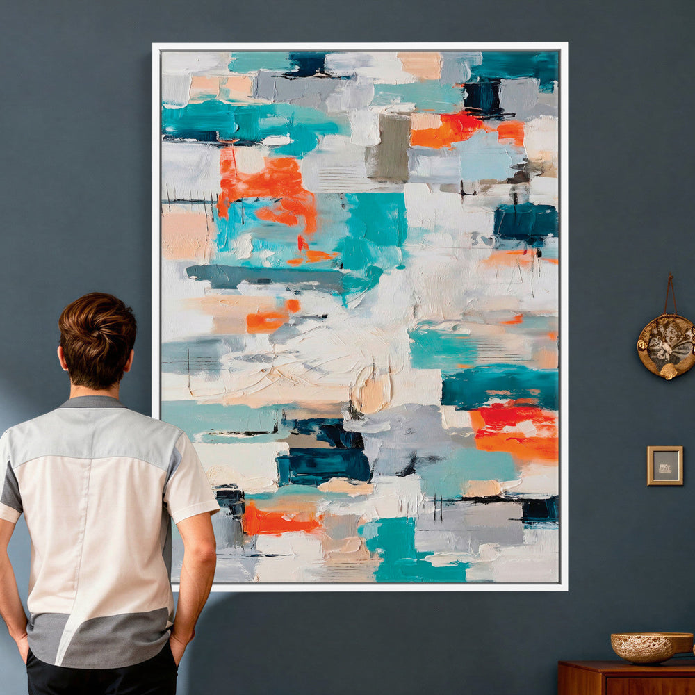 Blue Teal Abstract Canvas Wall Art, Modern Textured Painting Print, Navy Orange White Contemporary Art, Neutral Living Room Decor, Office Art