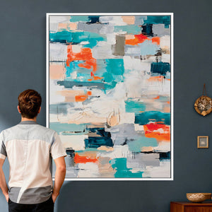 Blue Teal Abstract Canvas Wall Art, Modern Textured Painting Print, Navy Orange White Contemporary Art, Neutral Living Room Decor, Office Art