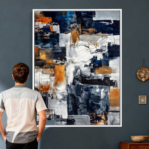 Blue Teal Abstract Canvas Wall Art, Modern Textured Painting Print, Navy Orange White Contemporary Art, Neutral Living Room Decor, Office Art
