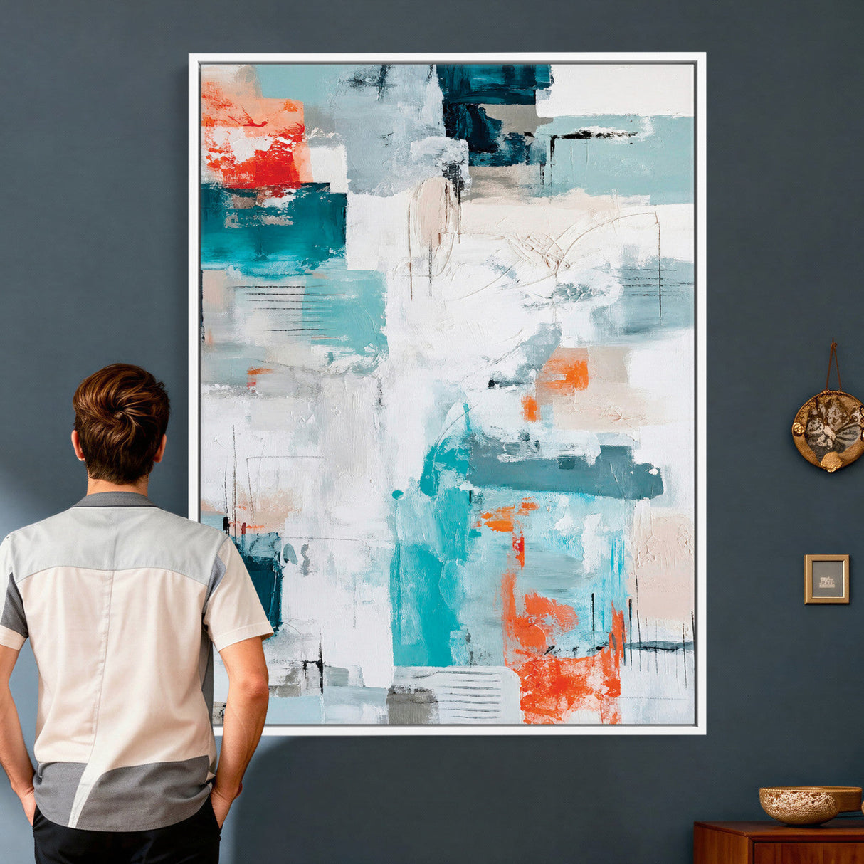 Blue Teal Abstract Canvas Wall Art, Modern Textured Painting Print, Navy Orange White Contemporary Art, Neutral Living Room Decor, Office Art
