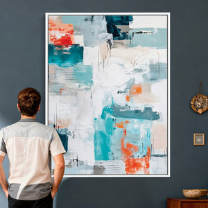 Blue Teal Abstract Canvas Wall Art, Modern Textured Painting Print, Navy Orange White Contemporary Art, Neutral Living Room Decor, Office Art