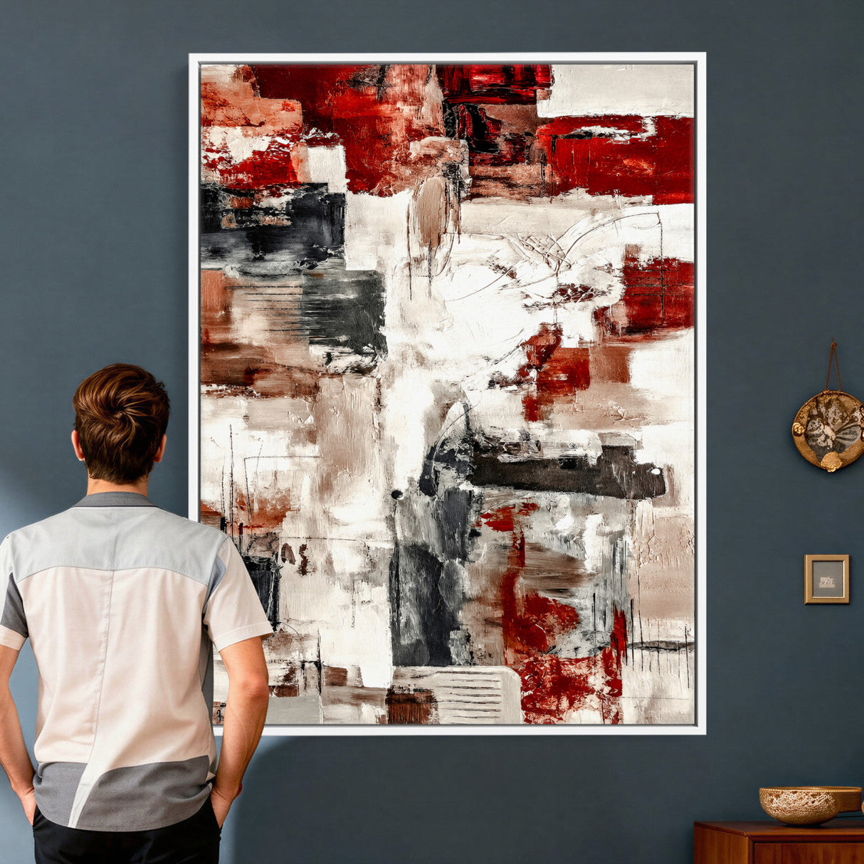 Blue Teal Abstract Canvas Wall Art, Modern Textured Painting Print, Navy Orange White Contemporary Art, Neutral Living Room Decor, Office Art