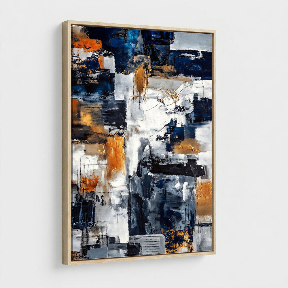 Blue Teal Abstract Canvas Wall Art, Modern Textured Painting Print, Navy Orange White Contemporary Art, Neutral Living Room Decor, Office Art