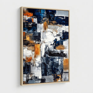 Blue Teal Abstract Canvas Wall Art, Modern Textured Painting Print, Navy Orange White Contemporary Art, Neutral Living Room Decor, Office Art