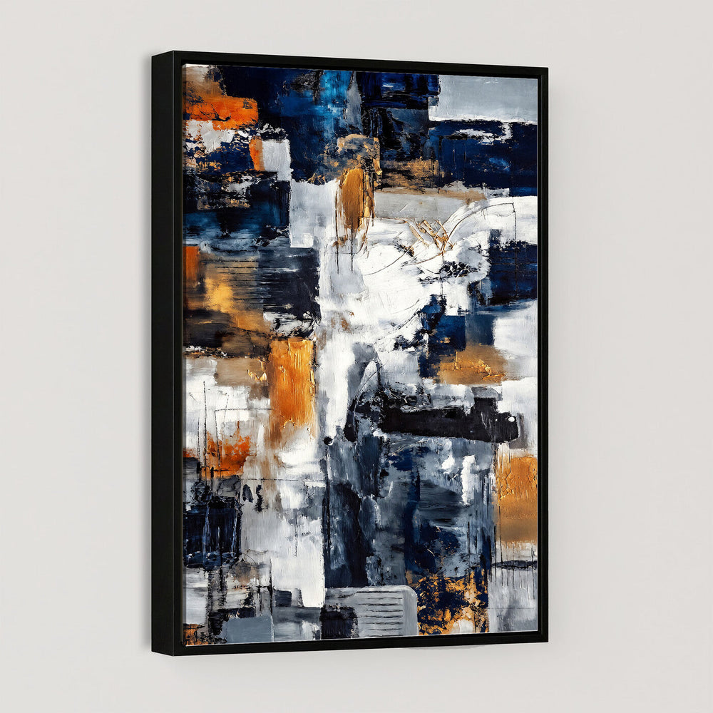 Blue Teal Abstract Canvas Wall Art, Modern Textured Painting Print, Navy Orange White Contemporary Art, Neutral Living Room Decor, Office Art
