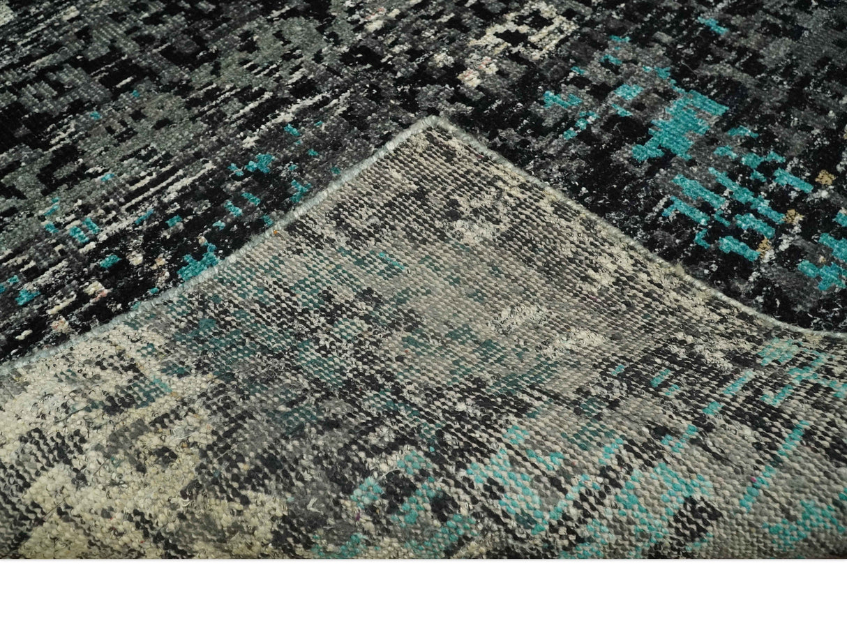 5x8 Hand Knotted Charcoal, Ivory and Blue Modern Abstract  Recycled Silk Area Rug