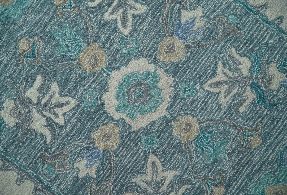 French Design Aubusson 8x10 Ivory and Blue Hand Tufted Wool Area Rug